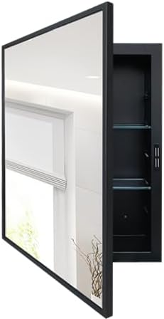 Recessed Medicine Cabinets with Mirror, Black Bathroom Mirror with Storage, Rectangle Medicine Cabinet Mirror, Farmhouse Framed Wall Mirror Recessed or Surface Mount, 16x20 Inch