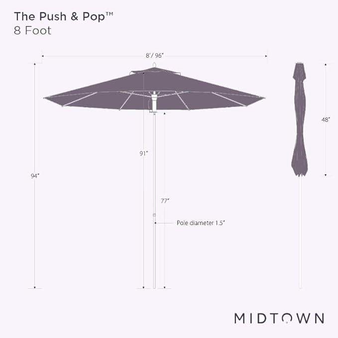 Midtown Umbrellas Push Pop Sunbrella Umbrella 8 Feet Outdoor Umbrella in Canvas Teal Acrylic Fabric - Patio Umbrella, Backyard Umbrella, Garden Umbrella, Picnic Table Umbrella & Pool Umbrella - Black Pole