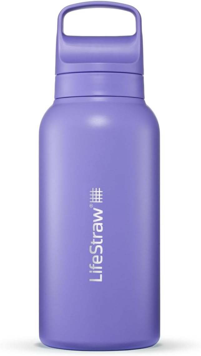 LifeStraw Go Series – Insulated Stainless Steel Water Filter Bottle for Travel and Everyday Use, 1L Thistle Purple