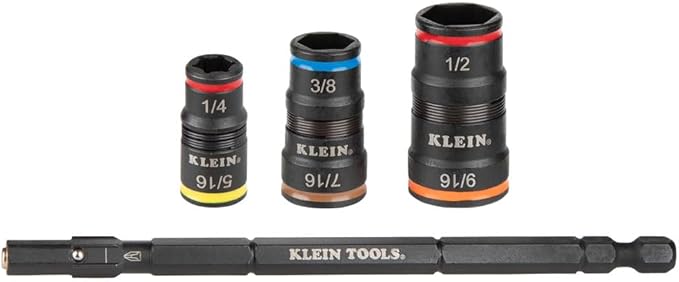 Klein Tools 32933 Impact Driver, SAE 7-in-1 Impact Rated Socket Set, 3 Flip Sockets with 6 Hex Driver Sizes and 1/4-Inch Bit Holder, 5-Inch Shaft