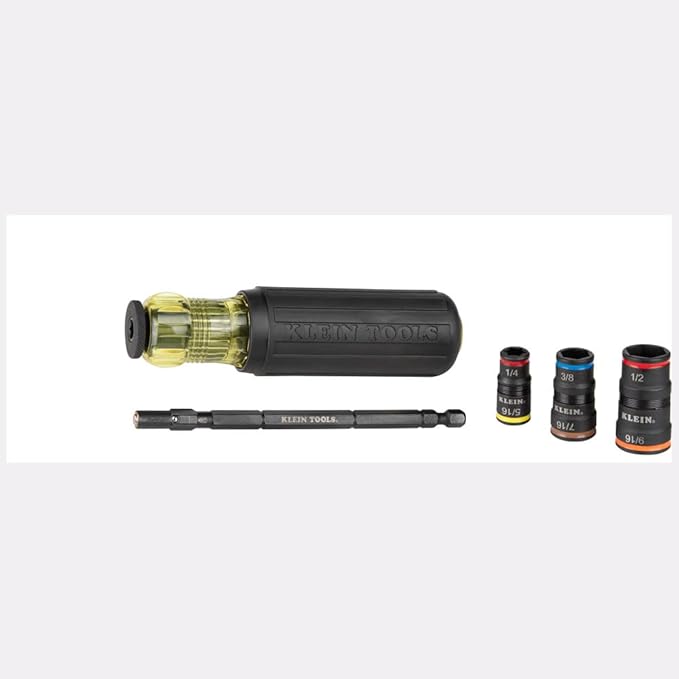 Klein Tools 32910 Impact Driver, 7-in-1 SAE Impact Socket Set with Handle, Flip Socket with 1/4, 5/16, 3/8, 7/16, 1/2 and 9/16-Inch Nut Driver Sizes and 1/4-Inch Bit Holder