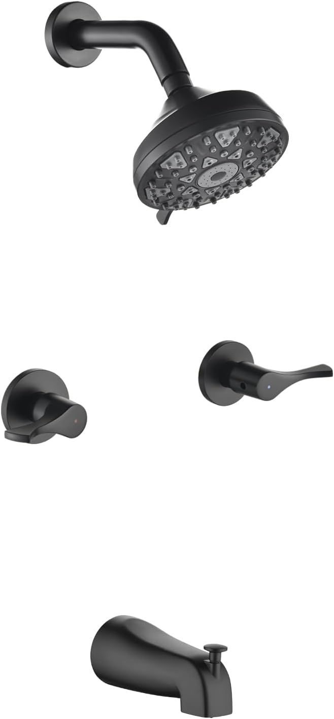 2 Handles Shower Faucet Set with Tub Spout Bathtub Shower Faucet Combo Set Shower System Complete Tub and Shower Trim Kit Wall Mounted Shower Fixtures Matte Black