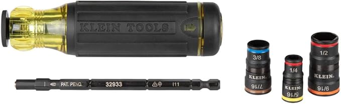 Klein Tools 32933 Impact Driver, SAE 7-in-1 Impact Rated Socket Set, 3 Flip Sockets with 6 Hex Driver Sizes and 1/4-Inch Bit Holder, 5-Inch Shaft