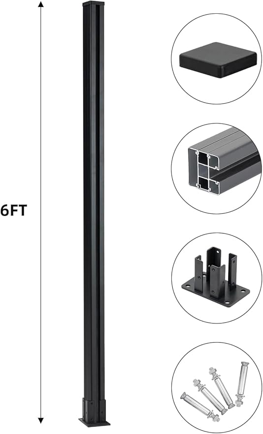 1 Corner Post for 6Ft Outdoor Privacy Fence Column, Matte Black Metal Fence Post, Base Mount, No Dig