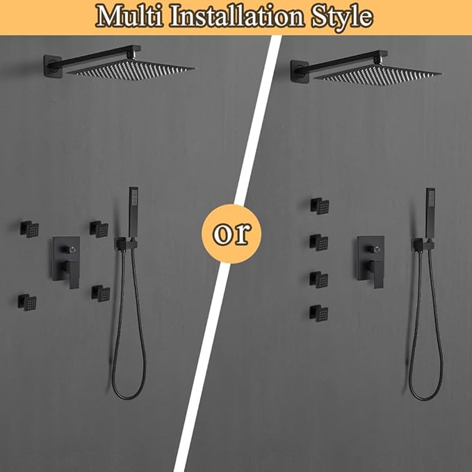 Matte Black Shower Faucet Set with Body Jets 10 Inch Matte Black Shower Head Handheld Shower Combo Set High Pressure Wall Mount with Rough-in Valve