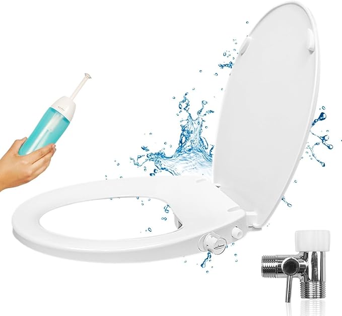 GenieBidet Slow-Close ELONGATED LEFT HAND Bidet. Dual Nozzles Self Cleaning. Adj. Water Pressure. No Wiring. If you can install a toilet seat you can install this. T adapter & Bottle Bidet included.