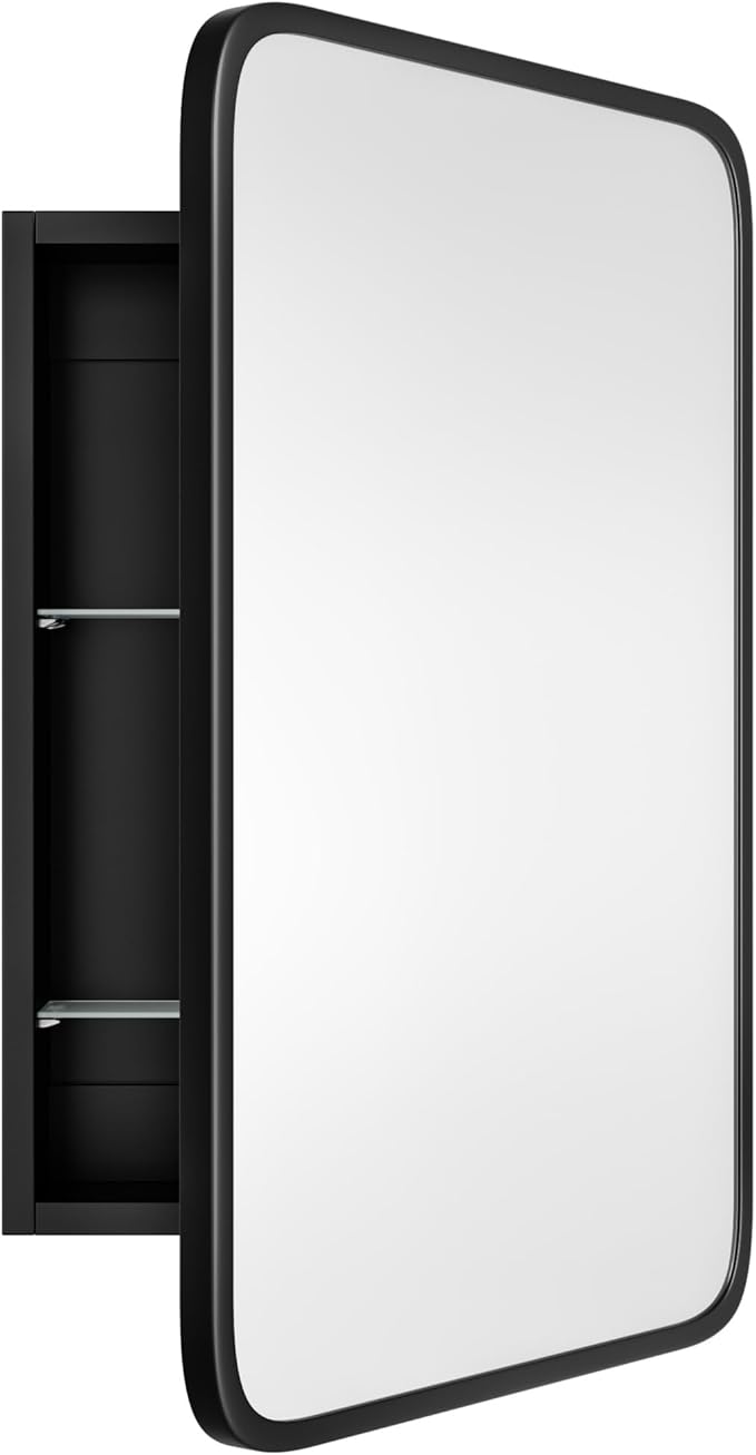 Vintage-Style Bathroom Wood Black Cabinet with 16.5''x24'' Black Metal Frame Curved Mirror, Recessed Medicine Cabinet, Bathroom Storage Cabinet