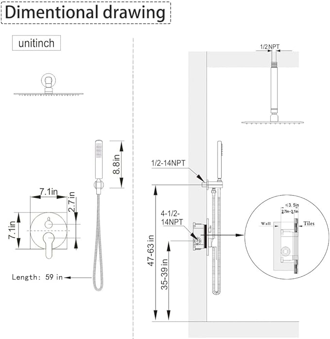 Matte Black Ceiling Mount Round Rain Shower System with 12 Inch Shower Head and Handheld Bathroom Shower Set Contain Shower Faucet Trim Kit (Mixer Valve Included)