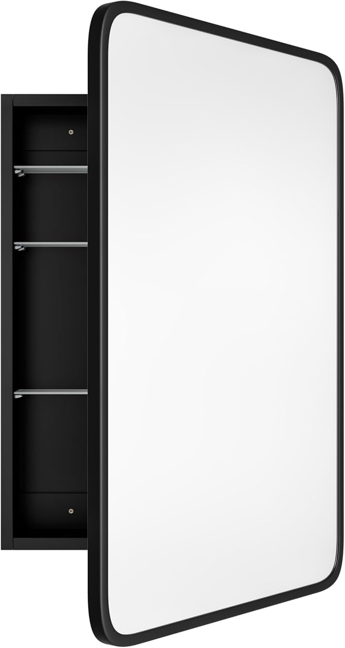 Vintage-Style Bathroom Wood Black Cabinet with 17.5''x29'' Black Metal Frame Curved Mirror, Recessed Medicine Cabinet, Bathroom Storage Cabinet