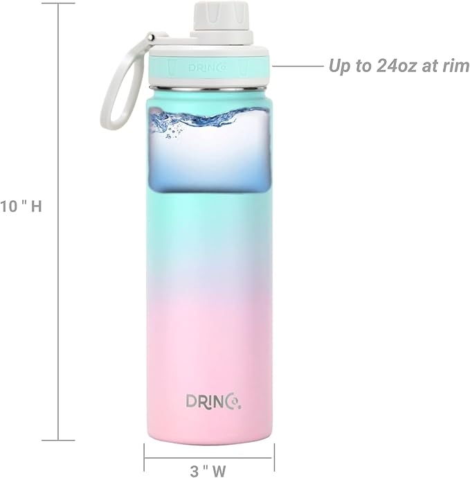 DRINCO Stainless Steel Water Bottle Spout Lid Vacuum Insulated Double Wall Water Bottle Wide Mouth (40oz 32oz 22oz 18oz 14oz) Leak Proof Keeps Cold or Hot (22 oz, 22oz Macaron)