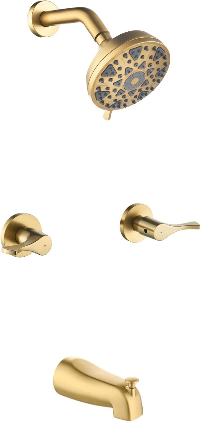 2 Handles Shower Faucet Set with Tub Spout Bathtub Shower Faucet Combo Set Shower System Complete Tub and Shower Trim Kit Wall Mounted Shower Fixtures Brushed Gold