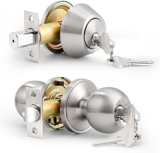 Probrico 6 Pack Exterior Door Knob and Single Cylinder Deadbolt Lock Combo Set, Brushed Nickel Front Door Handle with Lock and Key, Keyed Alike