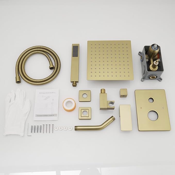 Brushed Gold Shower System, 8 Inch High Pressure Rain Shower with Handheld, Wall Mount Shower Faucet Set for Bathroom, Rough-in Valve Body and Trim Included