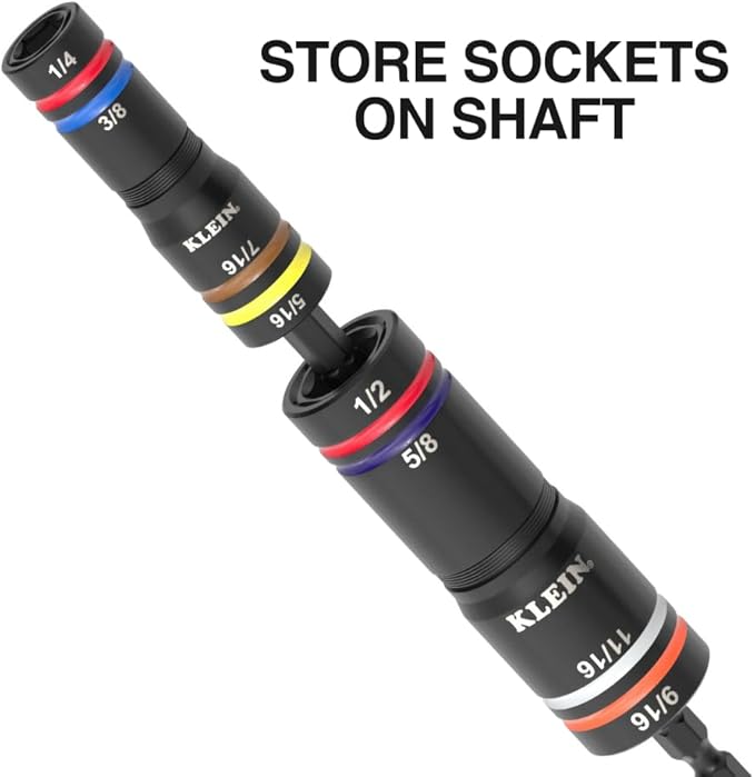 Klein Tools 656QS KNECT Quad Socket, 24 Sizes in 6 Sockets, 4-in-1 Color Coded SAE and Metric Impact Rated, Deep-Well Heavy-Duty, 1/4-and 3/8-Inch Drive, 3-1/2-and 6-1/2-Inch Shaft