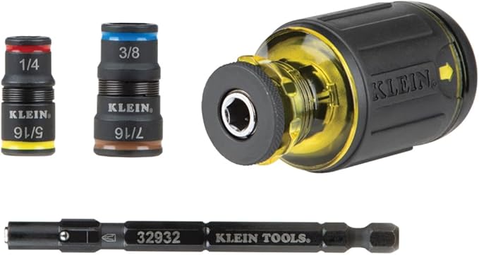 Klein Tools 32308HD Impact Driver Set, 12-in-1 Stubby Driver Set, 2 Hex Flip Sockets, 7 Bits, 1/4-Inch Deep Bit Holding Feature