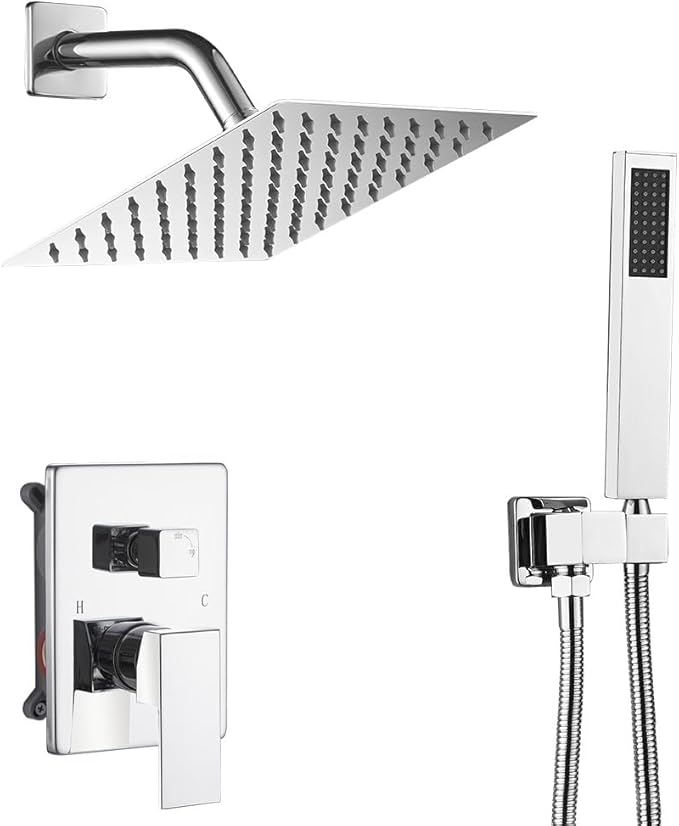 Chrome Shower System with High Pressure 8'' Rainfall Shower Head, Handheld Shower head, Bathroom Luxury Rain Mixer Shower Combo Set Wall Mounted Shower Faucet Rough-in Valve and Trim Kit