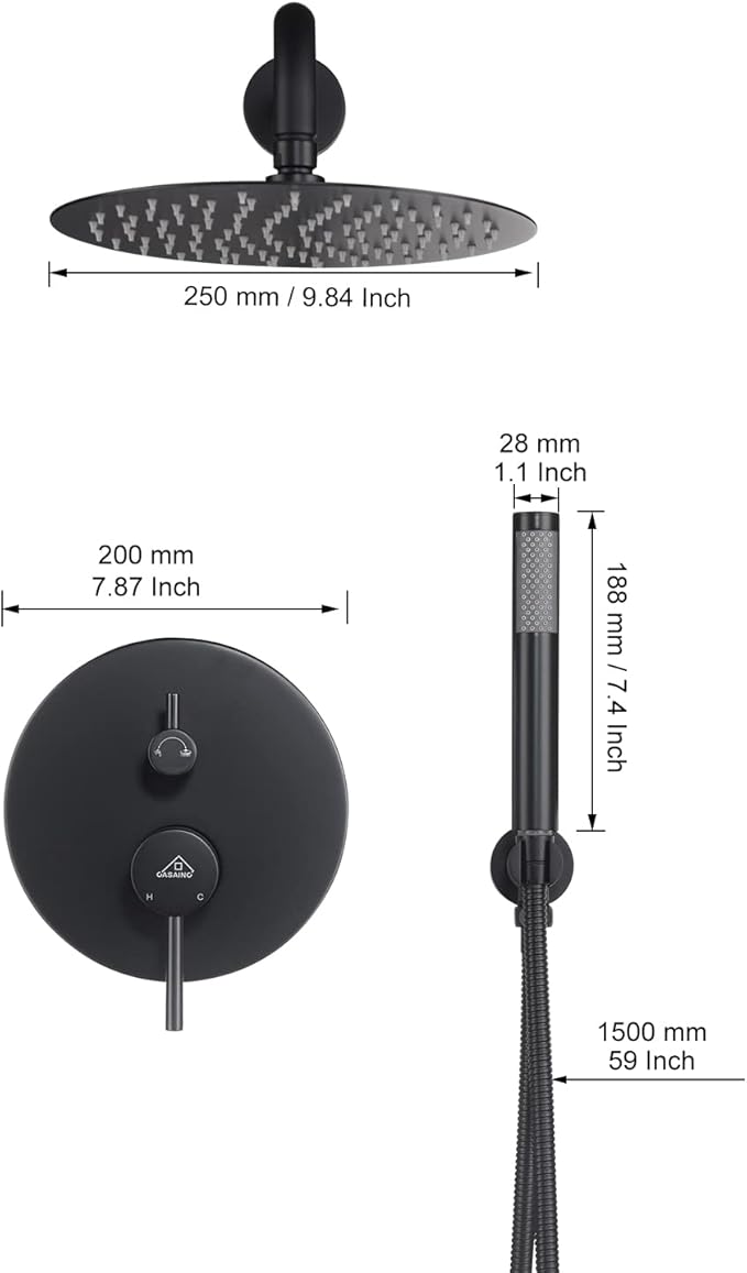 CASAINC Shower Valve and Trim Kit, 10 Inch Round 2 Functions Rain Shower Head with Handheld Spray Wall Mounted Shower System (Matte Black)