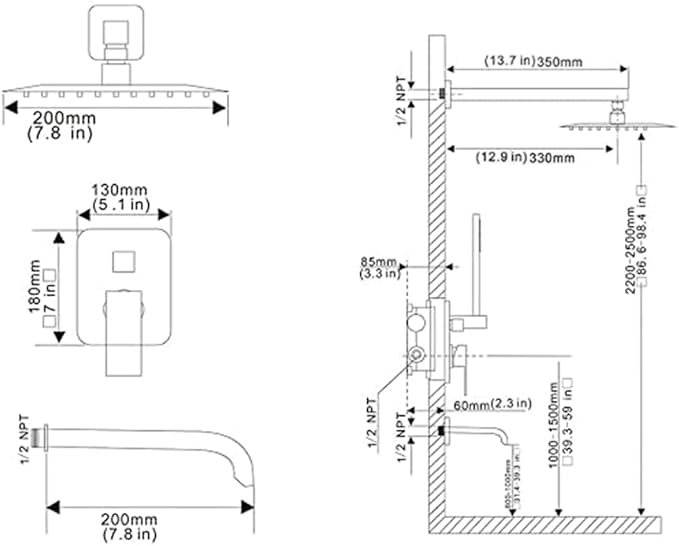 Matte Black Shower Faucet Set with Tub Spout Bathroom Luxury Rain Mixer Shower Head System Wall Mounted Shower Faucet Complete, Single Handle Tub and Shower Trim Kit with Rough-in Valve