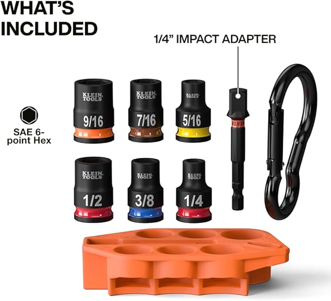 Klein Tools 33808 Grab-And-Go Impact Socket Set, SAE, 7-Piece Set with Sleeve, Carabiner, and 3/8-Inch Drive, Color-Coded 1/4, 5/16, 3/8, 7/16, 1/2, and 9/16-Inch Sockets