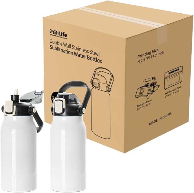 PYD Life Sublimation Water Bottles Vacuum Flasks 44 OZ White with Portable Sippy Up Lid and Straw Large Stainless Steel Travel Tumblers Cups Mugs for Tumbler Heat Press 2 Pack
