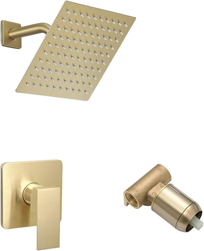 Shower Faucet Set Brushed Gold, Bathroom Rainfall Shower System with Stainless Steel Rain Shower Head, Single Function Shower Trim Kit with Rough-in Valve