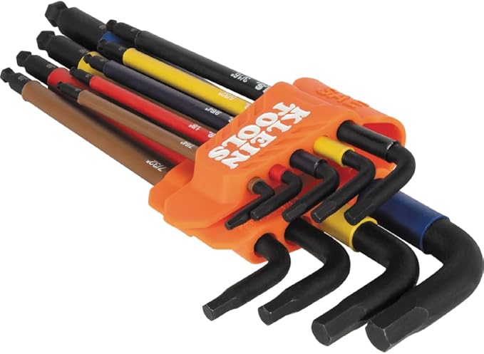 Klein Tools BLS9 9-Piece Extra-Long Hex Key Set, SAE Color-Coded L Style Ball-End Keys with Caddy, Heat-Treated, Sizes 7/64-Inch to 3/8-Inch