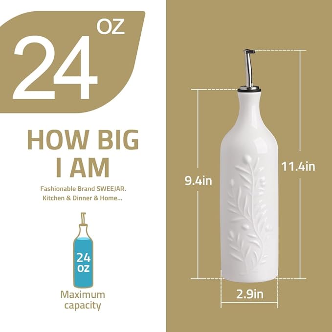 Sweejar Large Olive Oil Dispenser Bottle with Spout, 24 Oz Ceramic Oil Dispenser for Kitchen, Relief Opaque Oil Cruet, Oil Container for Cooking, EVOO, Avocado Oil, Vinegar, Pack of 1 (Beige)