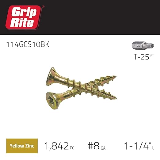 Grip Rite 114GCS10BK #8 by 1-1/4-inch Type 17 Coarse Thread Yellow Zinc Plated T-25 Star Drive Bulk Construction Screws 1,842 Count, 10lbs.