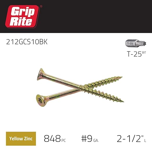 Grip Rite 212GCS10BK #9 by 2-1/2-inch Type 17 Coarse Auger Thread Yellow Zinc Plated T-25 Star Drive Construction Screws 848 Count, 10lbs.