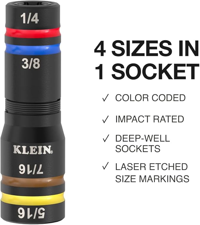 Klein Tools 653QS KNECT Quad Socket, 12 Sizes in 3 Sockets, 4-in-1 Color Coded SAE Impact Rated, Heavy-Duty, 1/4- and 3/8-Inch Drive, 3-1/2- and 6-1/2-Inch Shaft
