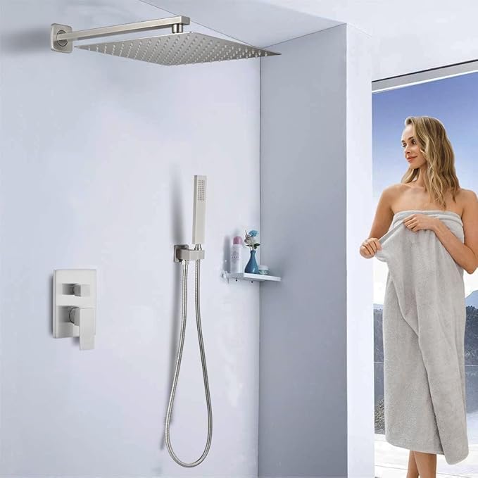 Shower Faucet Set 16 Inch Wall Mount Rain Shower System, All Metal Shower Fixtures - Brushed Nickel
