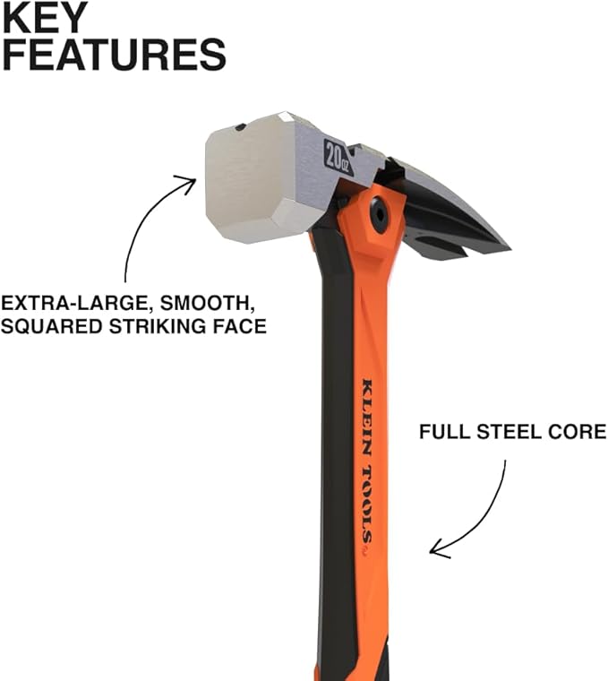 Klein Tools H81020 Anti-Vibration Smooth Face Hammer with Straight Claw, 20-Ounce Forged Steel, Magnetic Nail Starter and Extra-Large Squared Strike Face