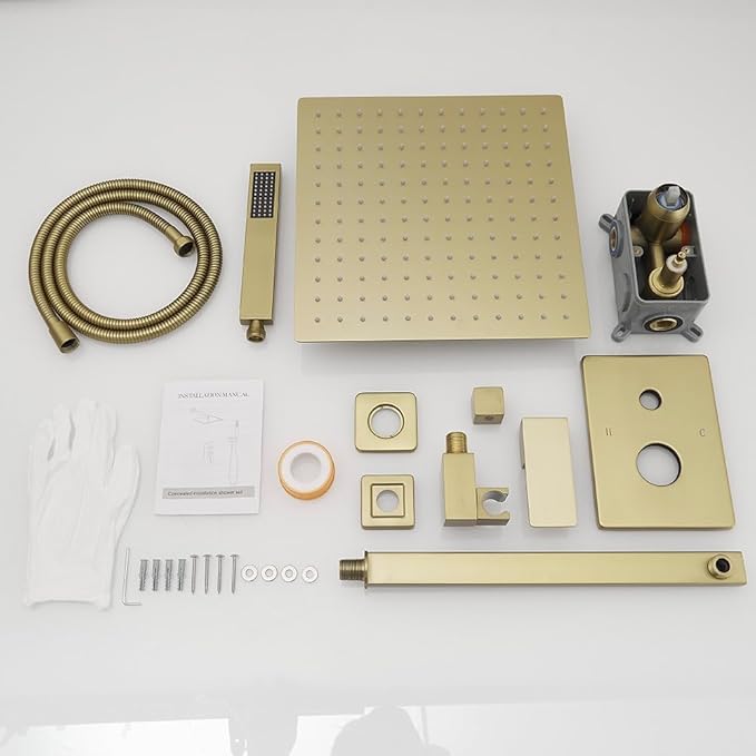 Shower Set Rain Shower System 12 Inch Ultra Large Shower Head High Pressure Brushed Gold Surface Dual Function Shower Vavle Trim Kit for Bathroom Shower Room Remodle