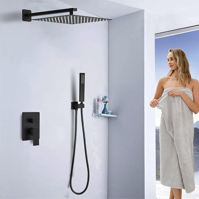 Shower Faucet Set 16 Inch Wall Mount Rain Shower System, All Metal Shower Fixtures - Matte Black