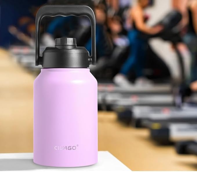 CIVAGO Half Gallon Insulated Water Bottle Jug with Straw, 64 oz Large Stainless Steel Sports Metal Water Flask with Handle, Big Thermal Water Cup Mug with 2 Lids for Camping & Fishing, Cream