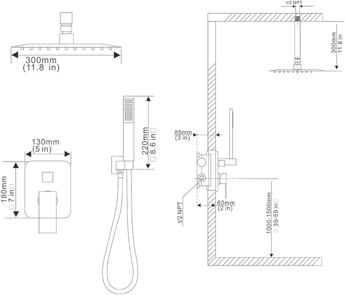 12 Inch Ceiling Mount Matte Black Shower System Bathroom Luxury Rain Mixer Shower Combo Set Ceiling Rainfall Shower Head System (Contain Shower Faucet Rough-in Valve Body and Trim)