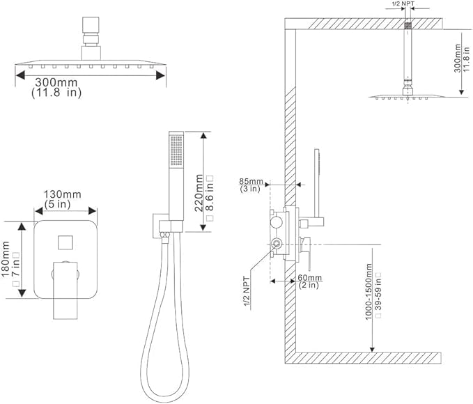 Polished Chrome Shower System Bathroom 12 Inch Rain Shower Head Ceiling Mount with Handheld Luxury High Pressure Shower Combo Set Shower Faucet Rough-in Valve Body and Trim Included
