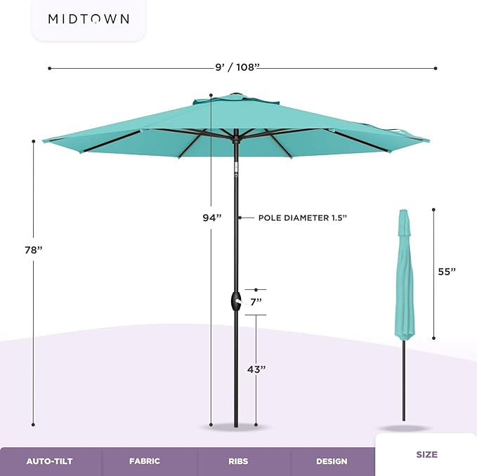 Midtown Umbrellas 10-Year-No-Fade - 9 Ft - UV Proof Matter Grey Polyester Fabric - Umbrella Outdoor Patio, Auto-Tilt Aluminum Frame Patio Umbrella for Garden, Pool & Deck - Black Pole