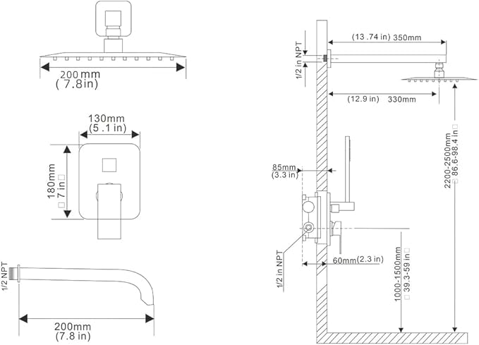 Grey Shower Faucet Set with Tub Spout Bathroom Luxury Rain Mixer Shower Head System Wall Mounted Shower Faucet Complete, Single Handle Tub and Shower Trim Kit with Rough-in Valve