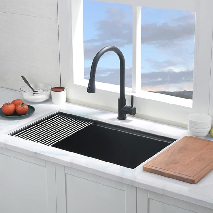 Black Kitchen Sink Undermount, 32x19 Inch Workstation Black Stainless Steel Undermount Kitchen Sink 16 Gauge Deep Single Bowl