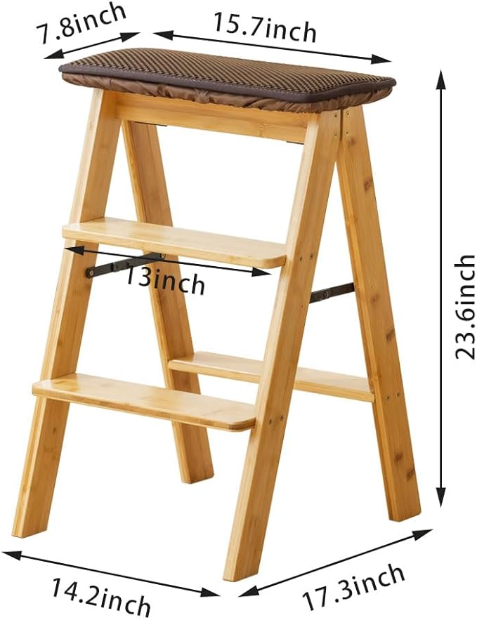 Latifolia Foldable 3 Step Ladder, Bamboo Step Stool with Floor Saver, Decorative Ladder Shelf for Living Room, Kitchen, Garden(Nature)