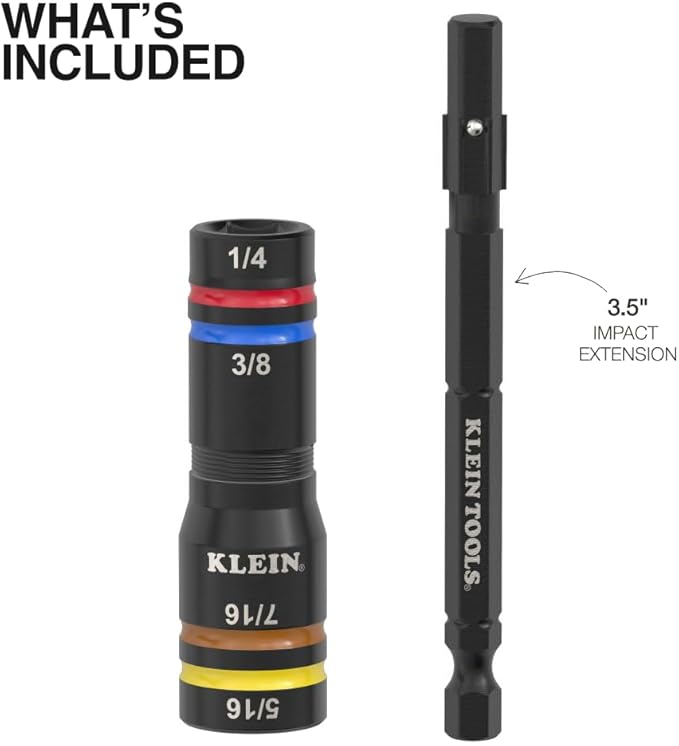 Klein Tools 651QS Quad Socket, 4 Sizes in 1 Socket, 4-in-1 Color Coded SAE Impact Rated, Heavy Duty, 1/4-Inch Drive, 3-1/2-Inch Shaft