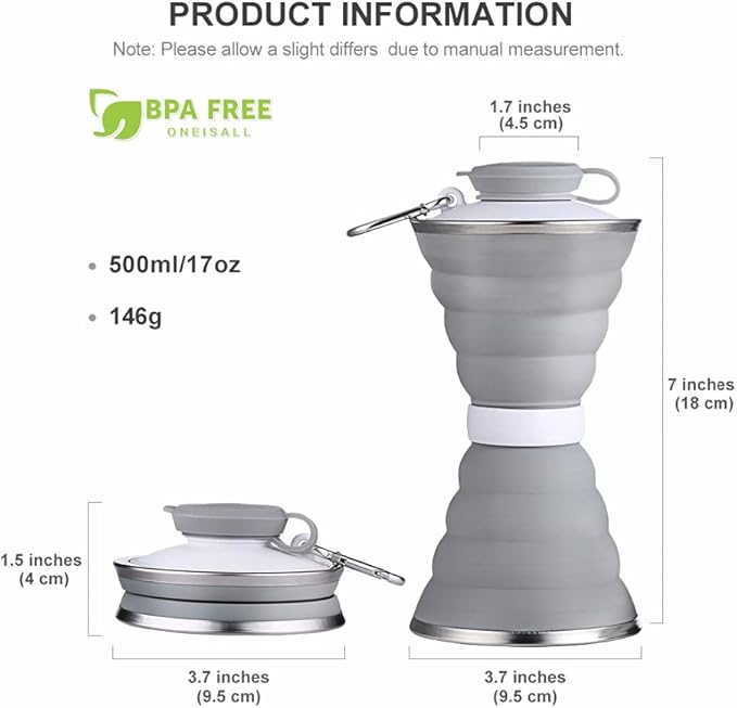 Collapsible Water Bottle, Camping Cup With Carabiner, Reuseable Silicone Foldable Leak Proof Portable Sports Travel Water Bottles For Outdoor, Travel Gym Hiking, BPA Free, Cycling Cups with Carabiner