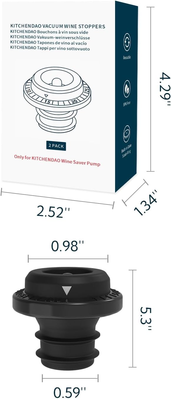 KITCHENDAO Wine Saver Vacuum Stoppers for Wine Bottles,Keep Wine Fresh for Up to a Week with Airtight Seal,Suitable for KITCHENDAO Wine Saver Pump,Set of 2 (Black)