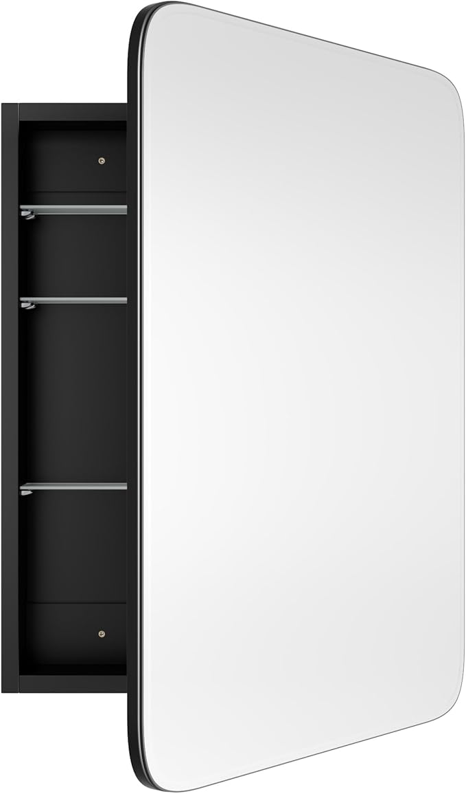 Bathroom Wood Black Cabinet with 20''x30'' Curved Mirror, Recessed Medicine Cabinet, Bathroom Storage Cabinet