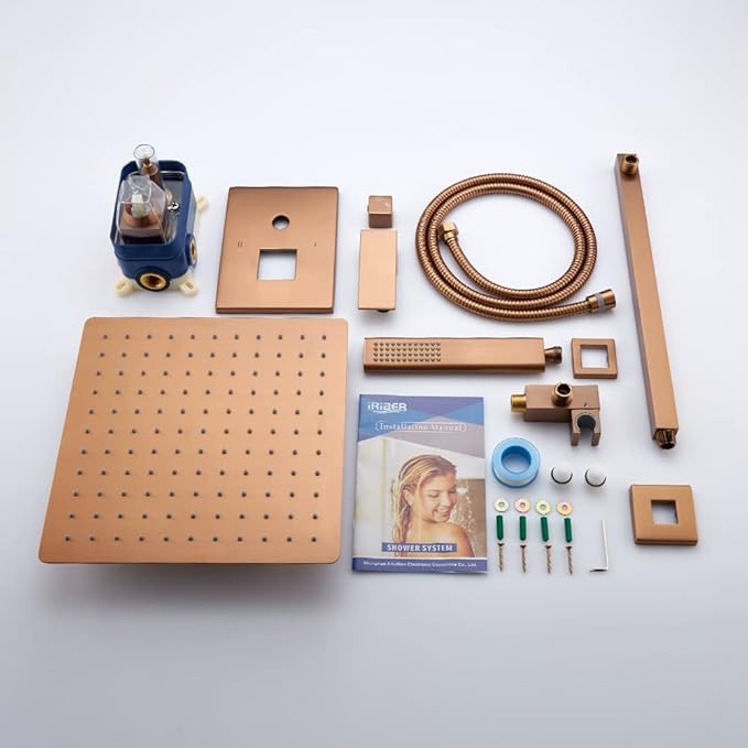 Iriber Brushed Rose Gold Rain Shower System with 12 Inch Shower Head and Handheld Bathroom Wall Mounted Shower Set Contain Shower Faucet Mixer and Trim Kit (Valve Included)