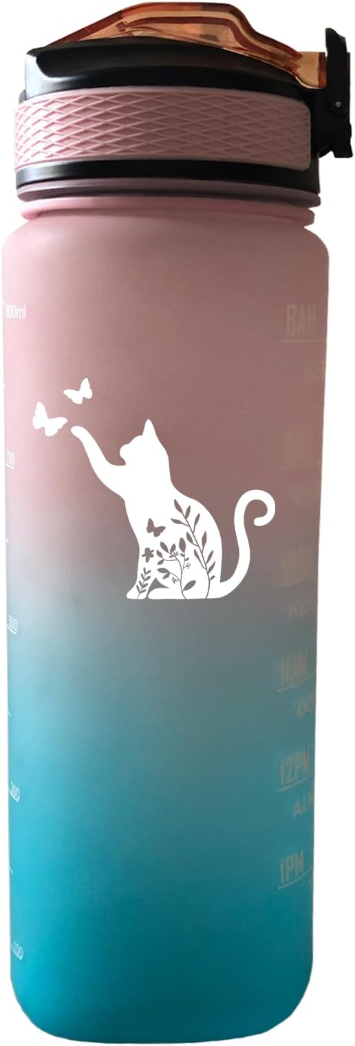 Floral Cat Water Bottle with Straw, Carry Strap, LeakProof, Tritan BPA Free, 32 Oz Motivational Water Bottle with Time Marker to Ensure You Drink Enough Water for Gym Fitness Outdoor