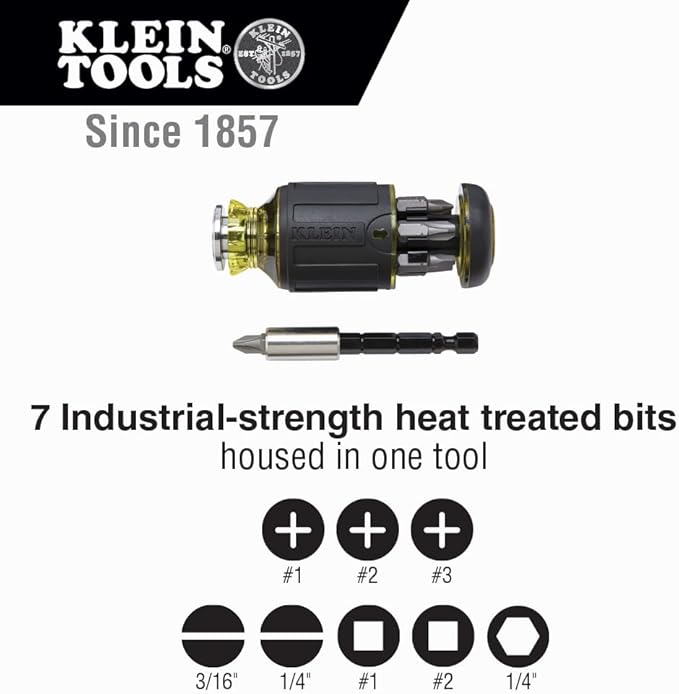 Klein Tools 32308F Impact Driver Set, 10-in-1 Stubby Driver Set, Hex Flip Socket, 7 Bits, 1/4-Inch Deep Bit Holding Feature, 10-Piece