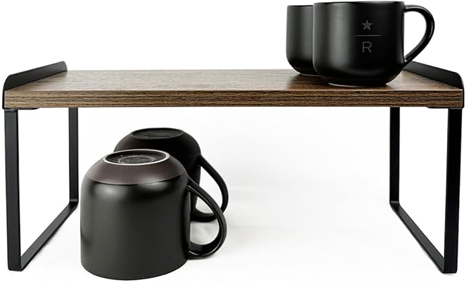 Mitus Shelf Organizer and Storage, Tiered Wood Cabinet Rack for The Kitchen Counter, Bathroom Counter, Pantry Cupboard, Office Desk Bookshelf, 16" Wide Walnut Brown and Black (Large)