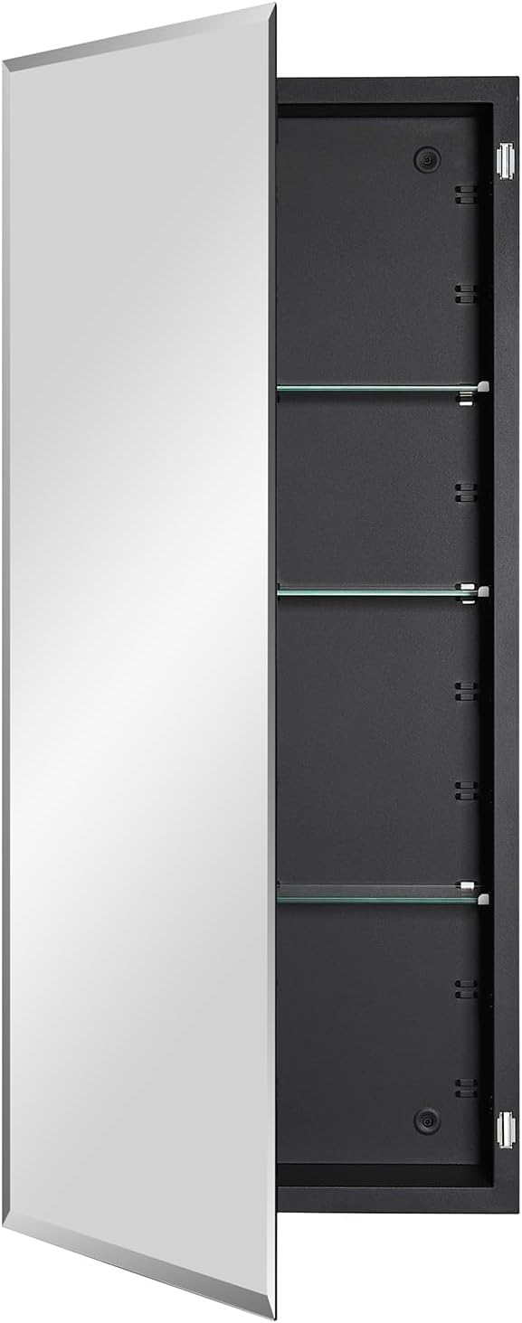 Black Bathroom Medicine Cabinet with Beveled Edge Mirrored Door 16 x 36 inch, Recessed or Surface Mount, with Adjustable Glass Shelves